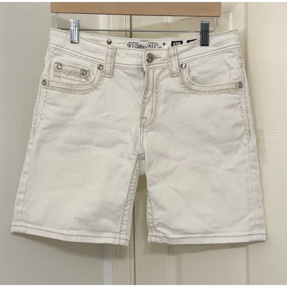 Miss Me Women's sz 26 White Boyfriend Denim Shorts Crystal Embellished Y2K